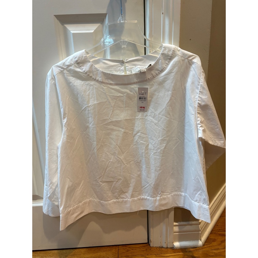 LOFT White 100% Cotton Poplin Boxy 3/4 Sleeve Blouse Top XS NWT 38217326